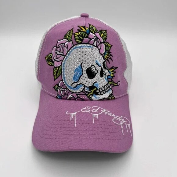 Ed Hardy Rhinestones Roses Skull Hat Snapback Purple Adjustable One Size Adult - Picture 1 of 5